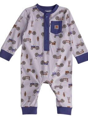 Carhartt Lavender Tractor Print Baby Romper with Purple Trim